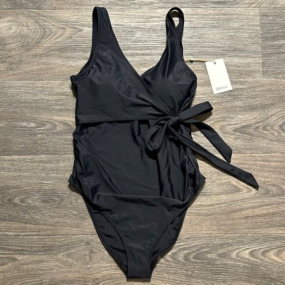 Quince Italian Maternity Plunge Wrap One Piece Swimsuit Black Small Bathing Suit - Picture 1 of 9